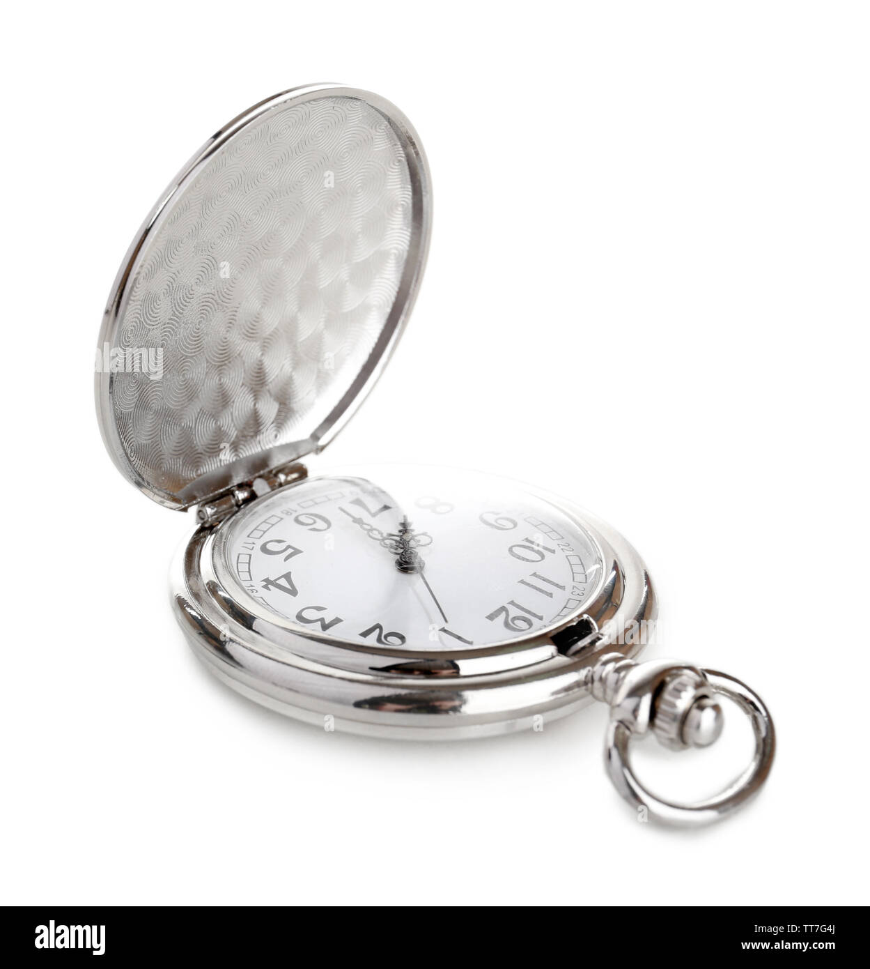 Pocket Photo Clock Silver pocket clock isolated on white Stock Photo - Alamy