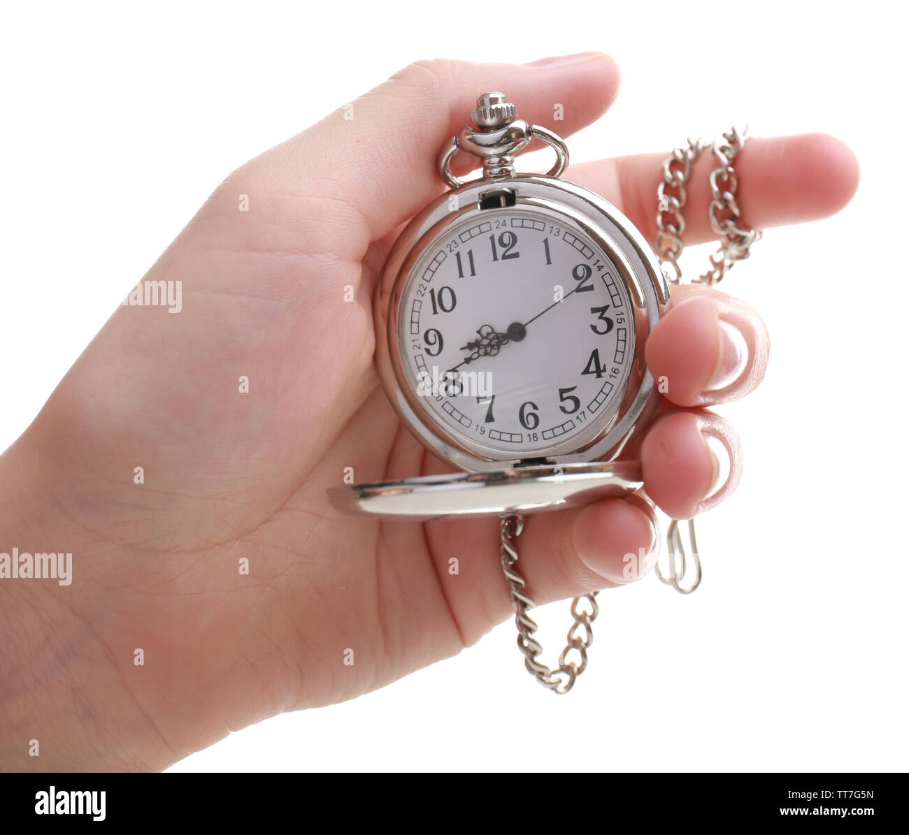 Silver pocket clock in hand isolated on white Stock Photo Alamy
