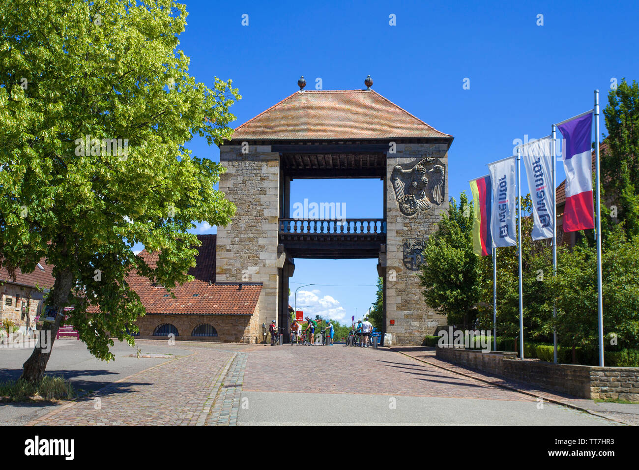 The German Wine Gate (german: Deutsches Weintor), marks the beginning of the German Wine Route, Schweigen-Rechtenbach, Rhineland-Palatinate, Germany Stock Photo