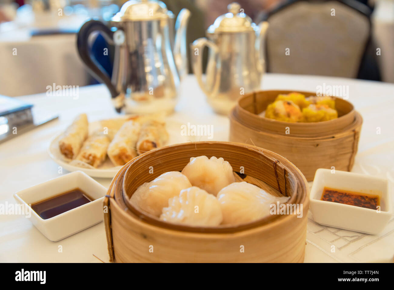 Shanghai dumplings at Maxim’s Palace dim sum restaurant, Central, Hong Kong Island, Hong Kong Stock Photo