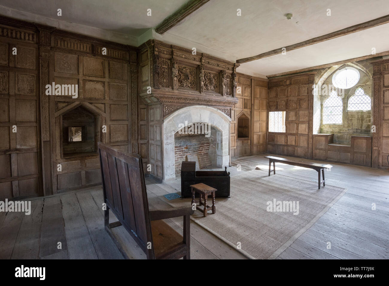 Wood panelled room n the Solar Block at Stokesay Castle, Craven Arms
