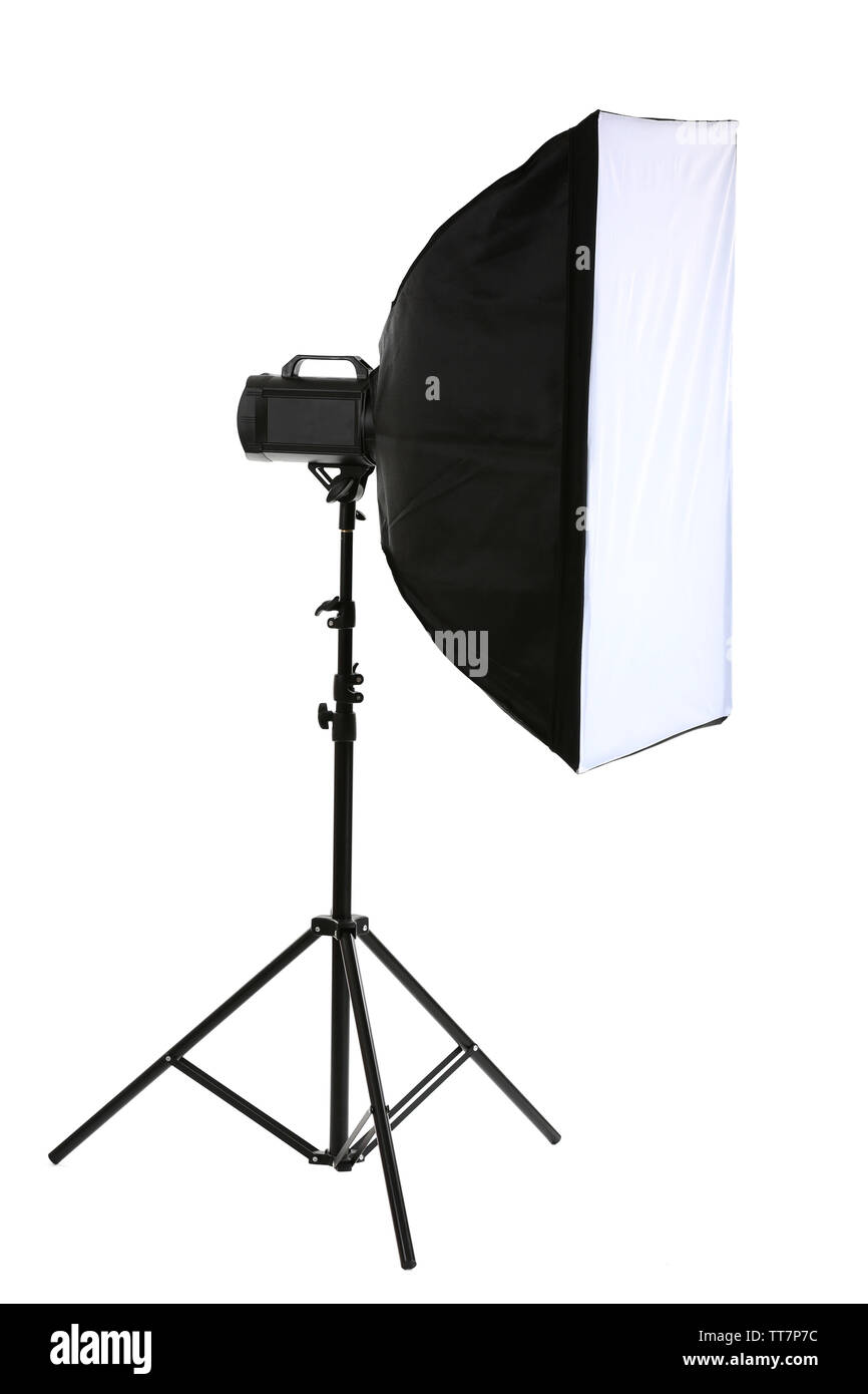 Studio flash with soft box isolated on white Stock Photo - Alamy