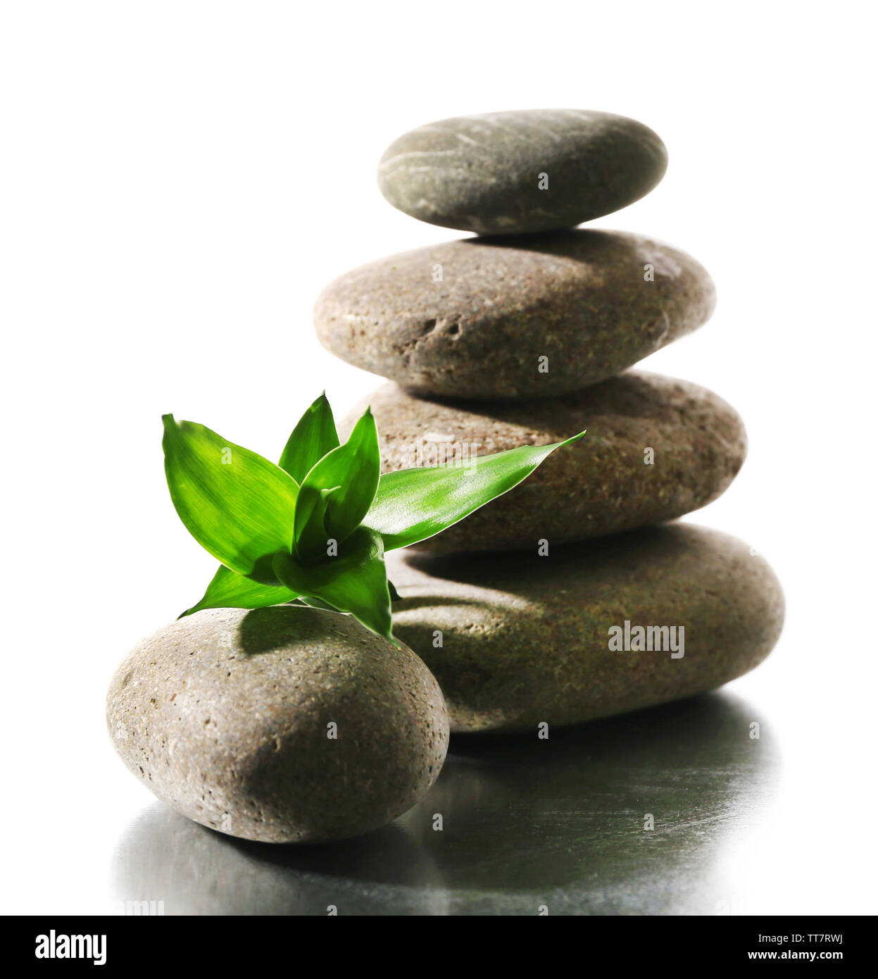 Spa stones with green leaves isolated on white Stock Photo - Alamy