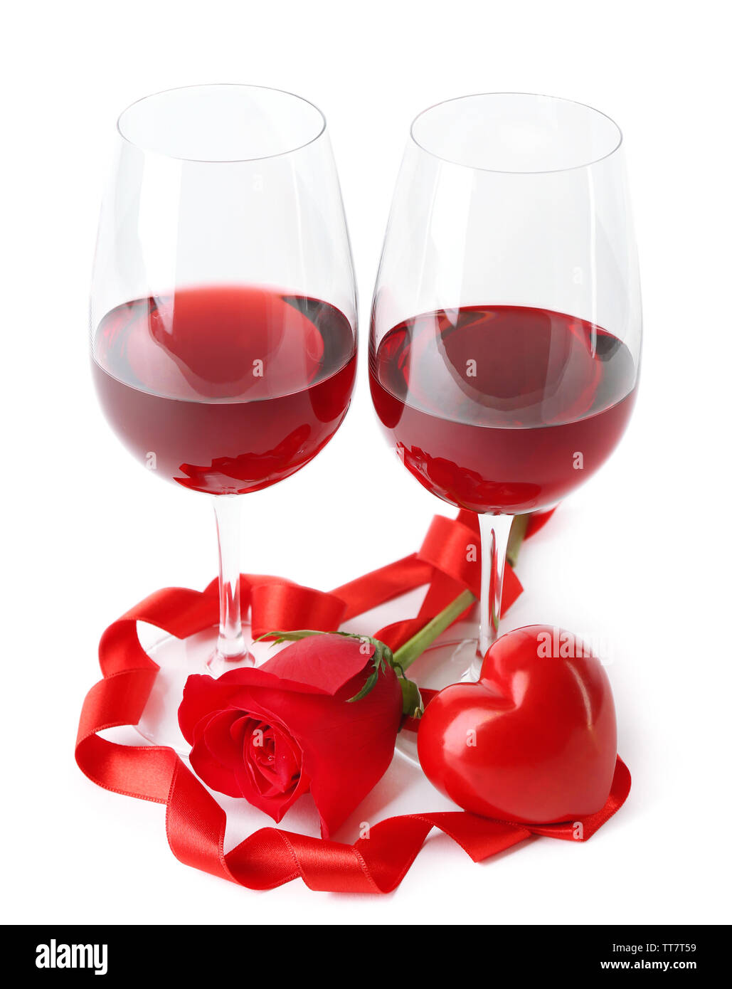 Composition With Red Wine In Glasses Red Rose Ribbon And