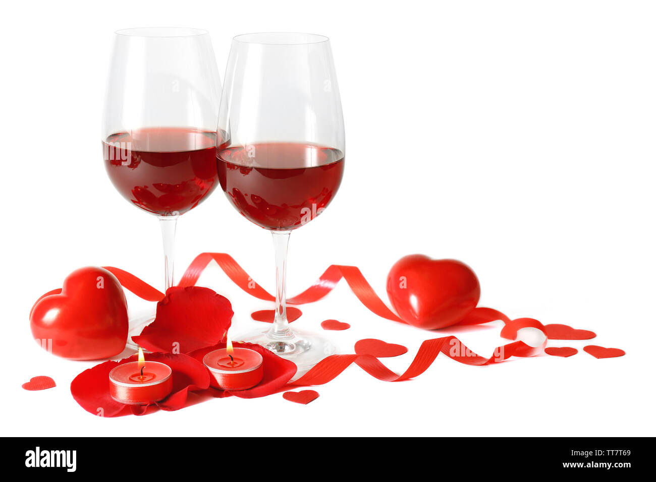 Composition With Red Wine In Glasses Red Roses Ribbon And