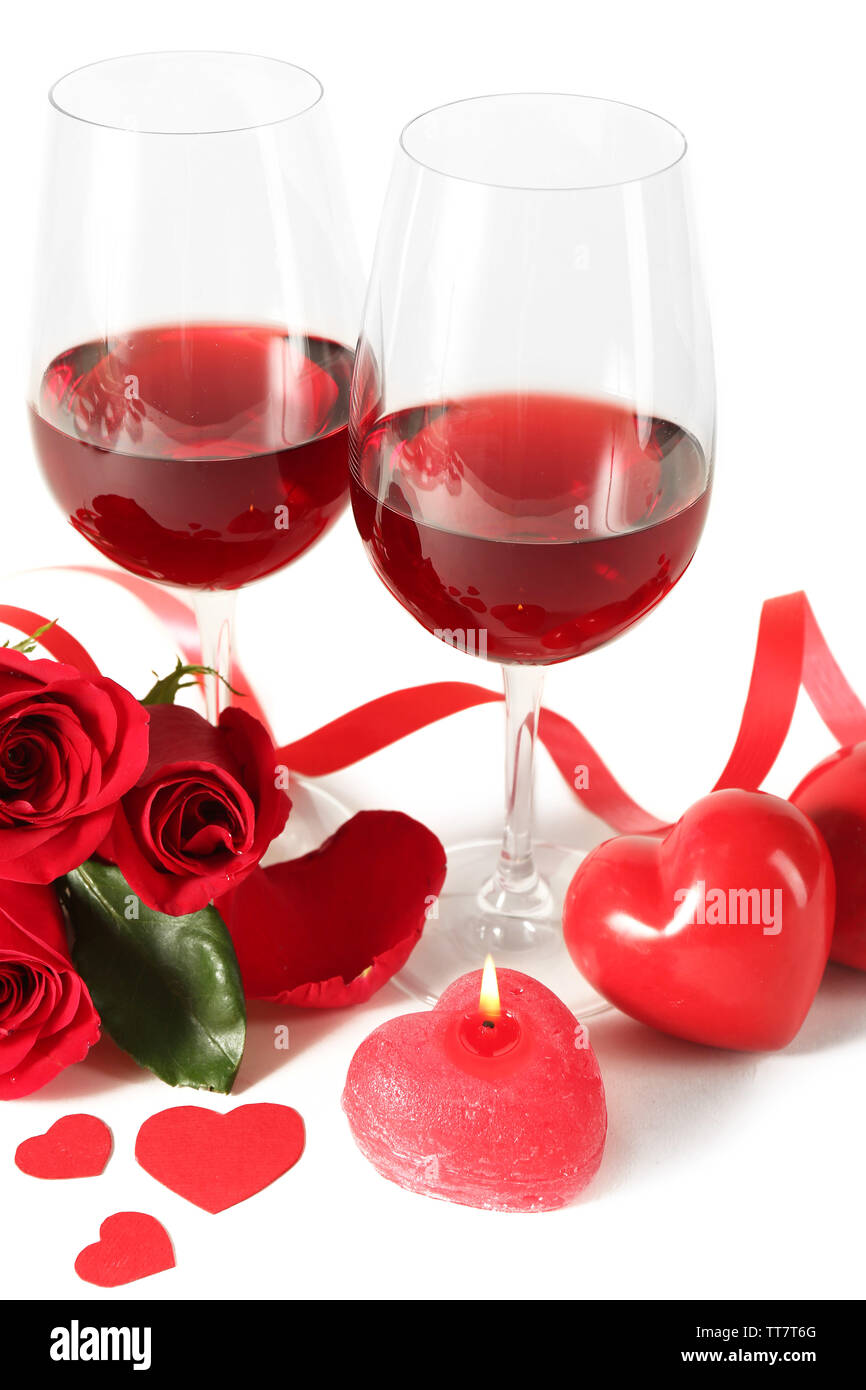 Composition With Red Wine In Glasses Red Roses Ribbon And