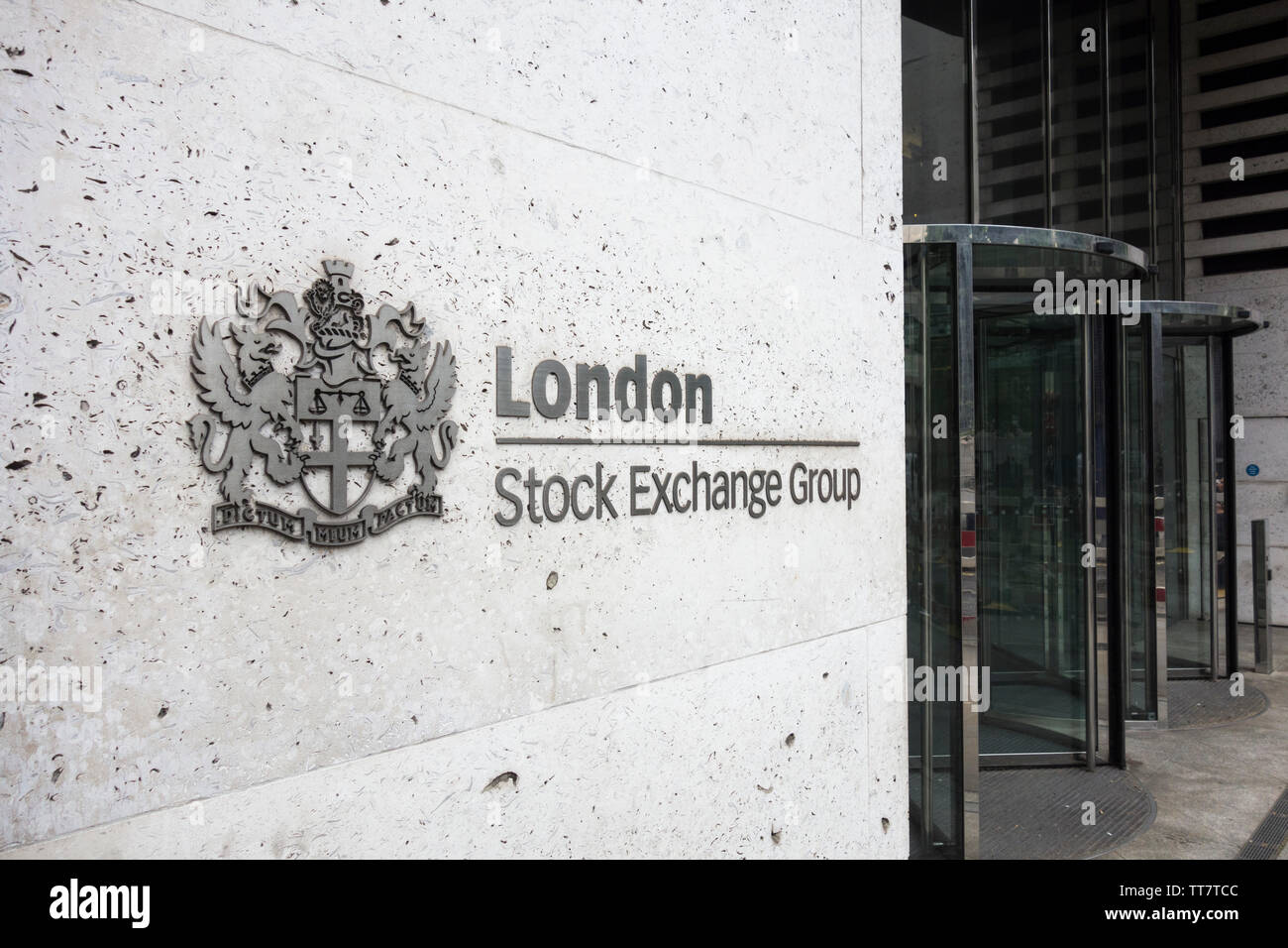 Signage outside the entrance to the London Stock Exchange  - My Word is My Bond (Dictum Meum Pactum), Paternoster Row, London, EC4, UK Stock Photo