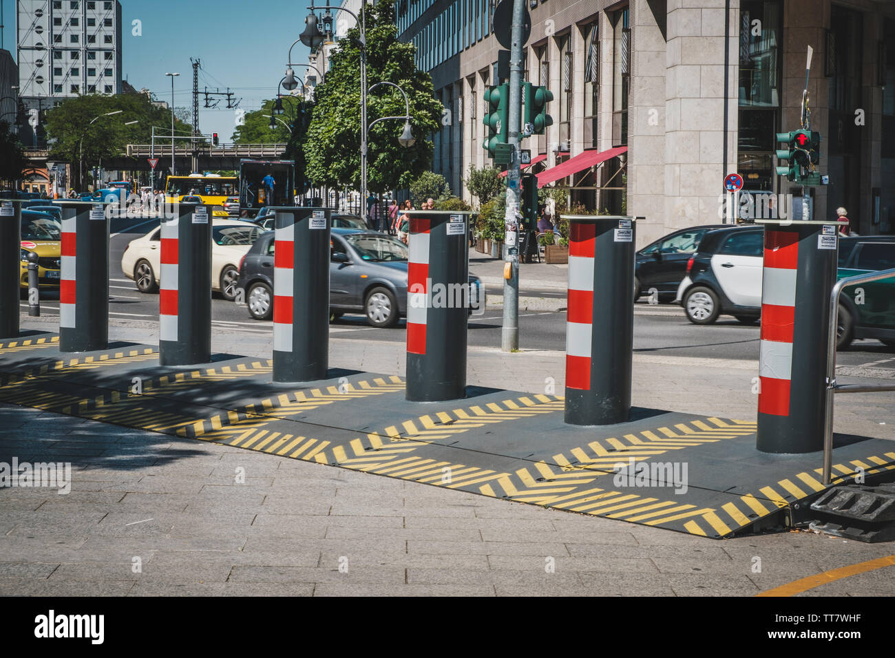 Berlin, Germany - june 2019: Anti terror truck block protection on sidewalk by barricades as a follow-up to the attack of december 2016 Stock Photo