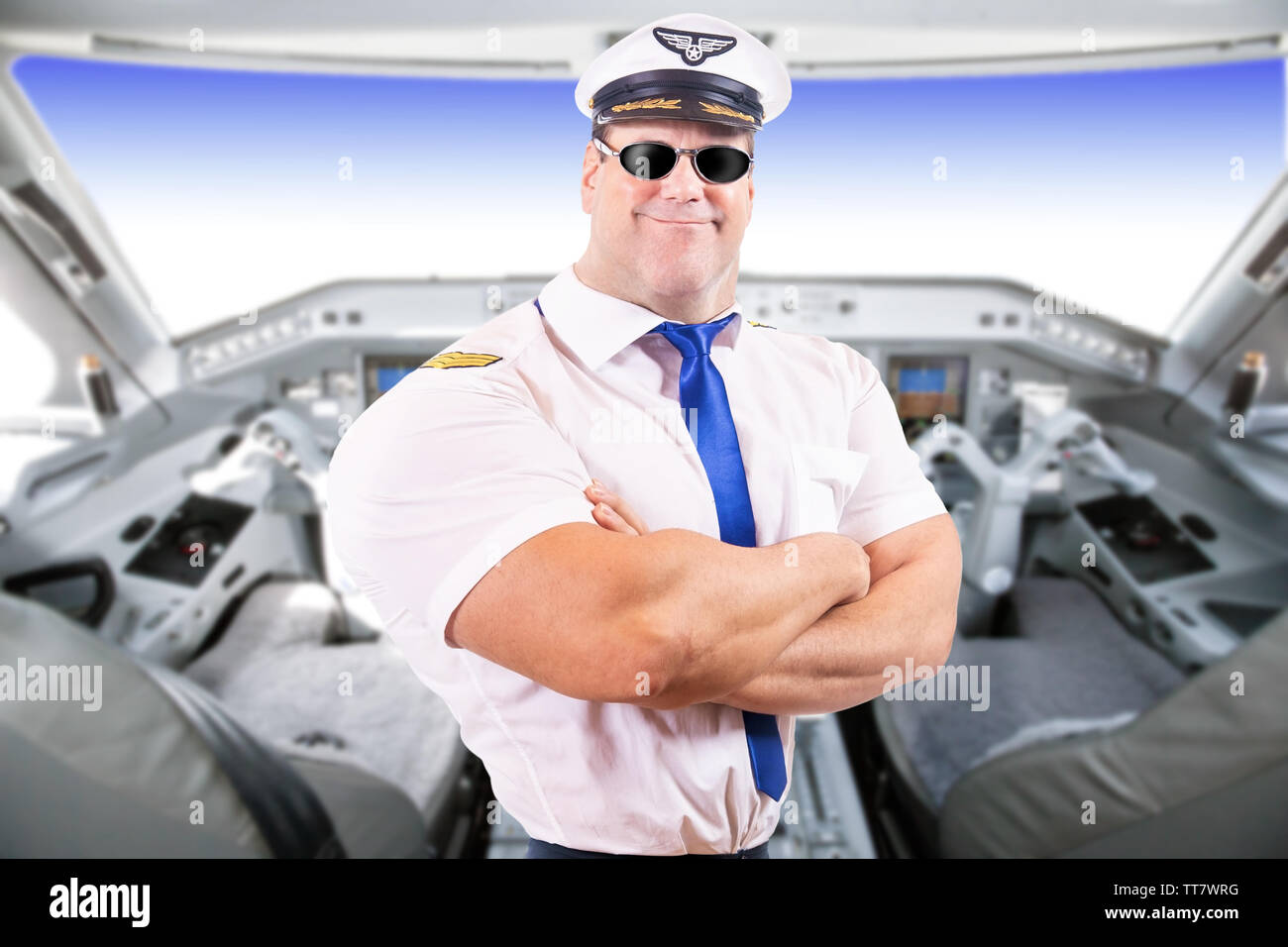 Adult pilot with sunglasses, background of cockpit plane. Captain of air  plane with white shirt uniform standing in cabin of aircraft Stock Photo -  Alamy