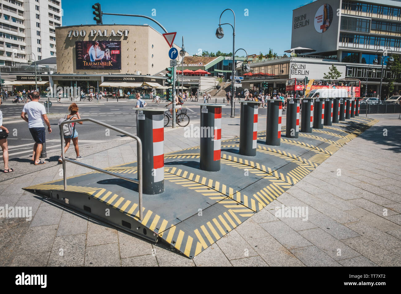 Berlin, Germany - june 2019: Portable temporary road block system to prevent against terrorist vehicle attacks at events and markets Stock Photo