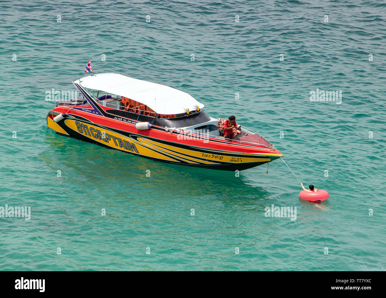 PATTAYA, THAILAND, APR 29 2018,  Rescue of a frightened tourist woman in an inflatable ring who thanks wind was moved to the open sea. Stock Photo