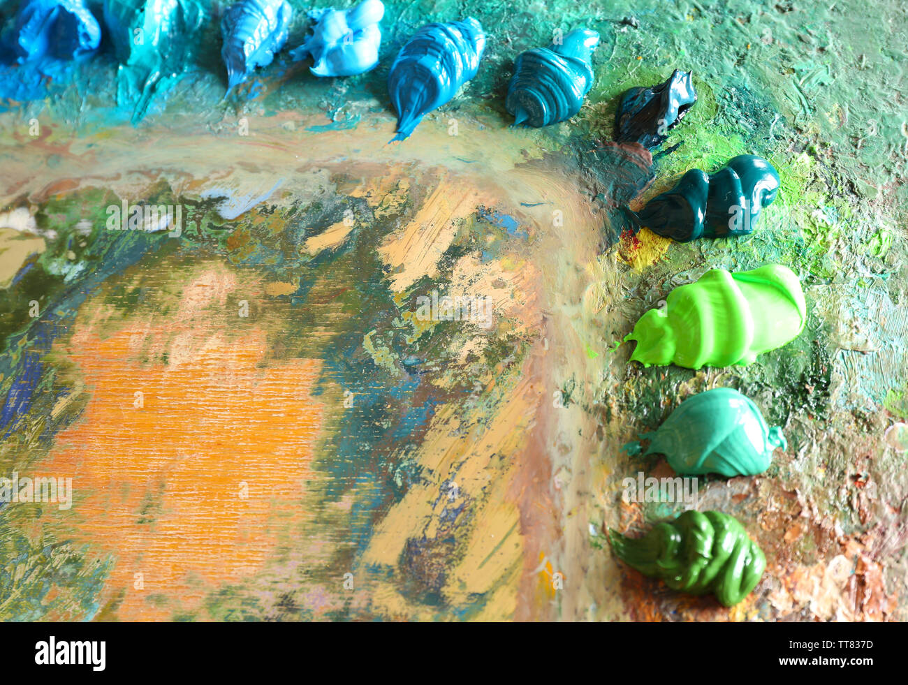 Acrylic paint on wooden palette Stock Photo Alamy