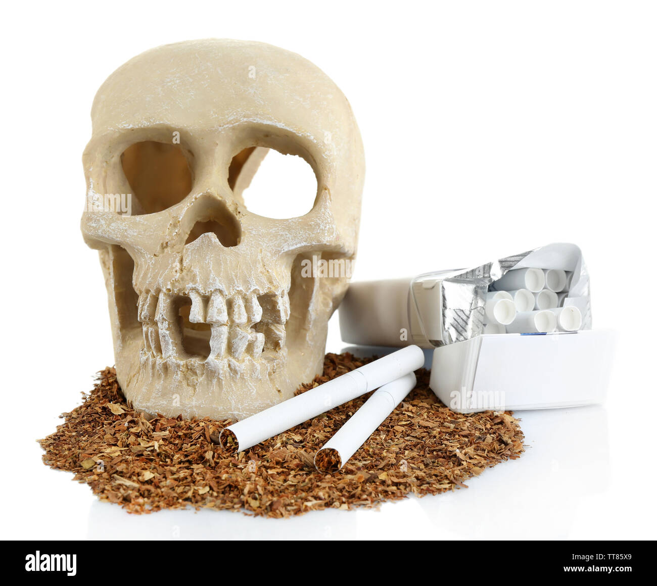 Smoking human scull with cigarette in his mouth, isolated on white Stock Photo