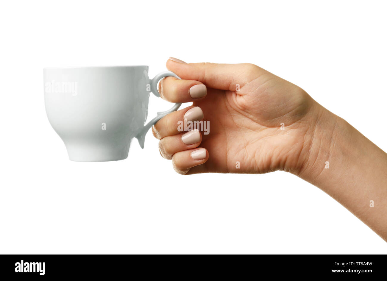 Female hand holding cup isolated on white Stock Photo Alamy