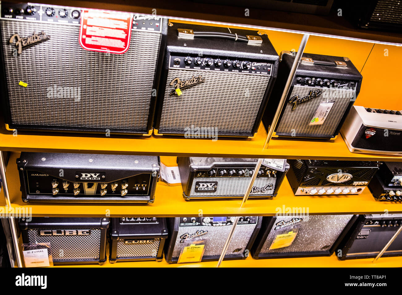 electric guitar amplifiers at music store Stock Photo Alamy