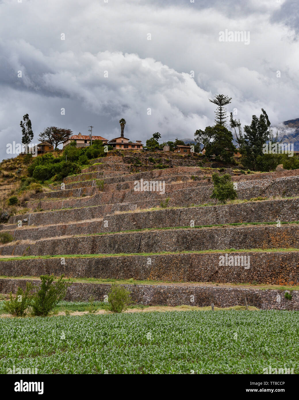Terraces at the Urco archaeological site in the Sacred Valley of the Incas, Cusco, Peru Stock Photo