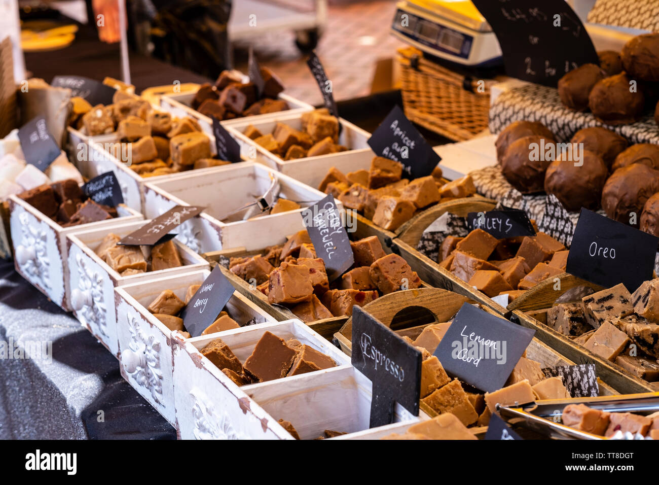 Fudge and sweets stall at farmers market, Stroud, Gloucestershire, UK Stock Photo