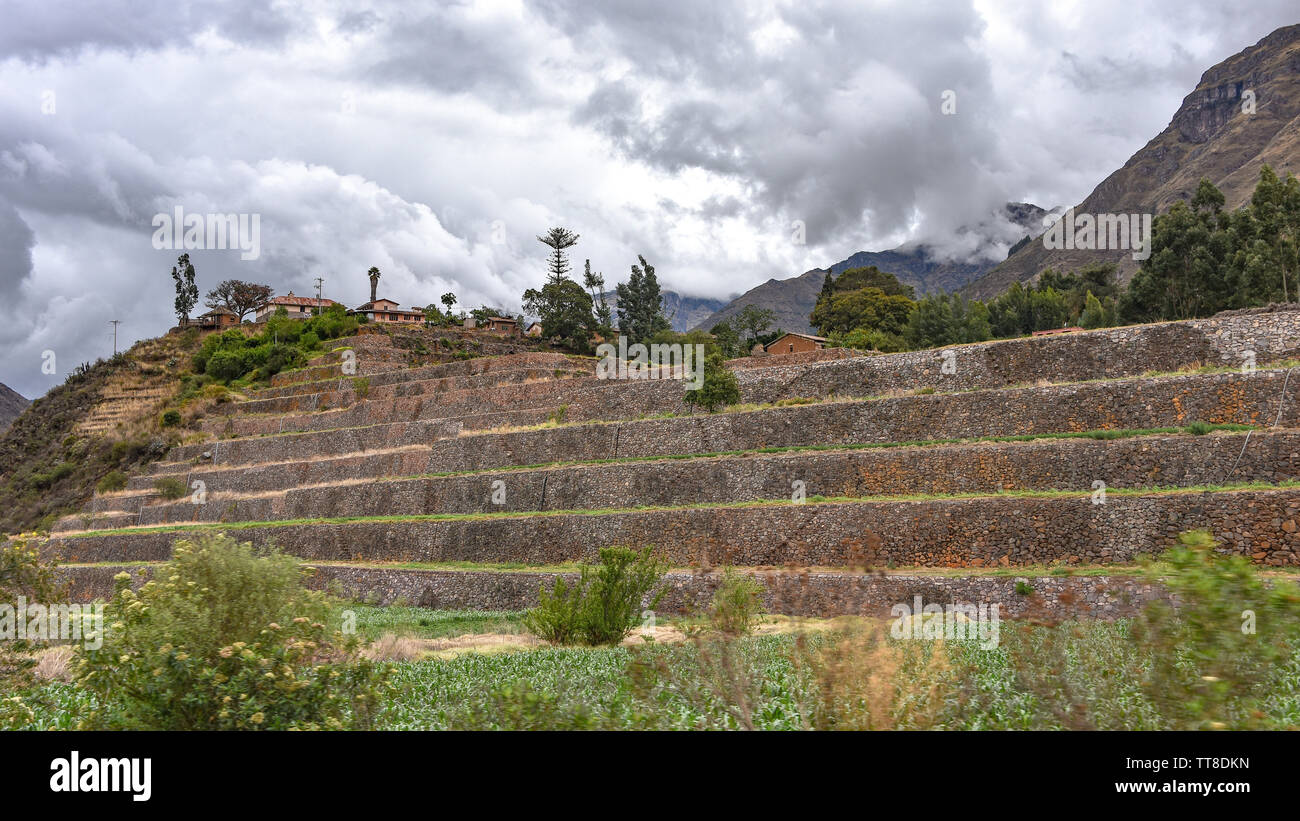 Terraces at the Urco archaeological site in the Sacred Valley of the Incas, Cusco, Peru Stock Photo