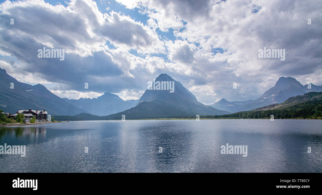 Many Glacier Hotel on Swift Current Lake,  Glacier National Park, Montana Stock Photo