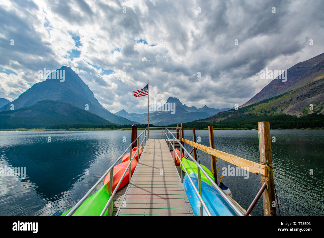 American Flag, Swift Current Lake, Glacier National Park, Montana Stock Photo