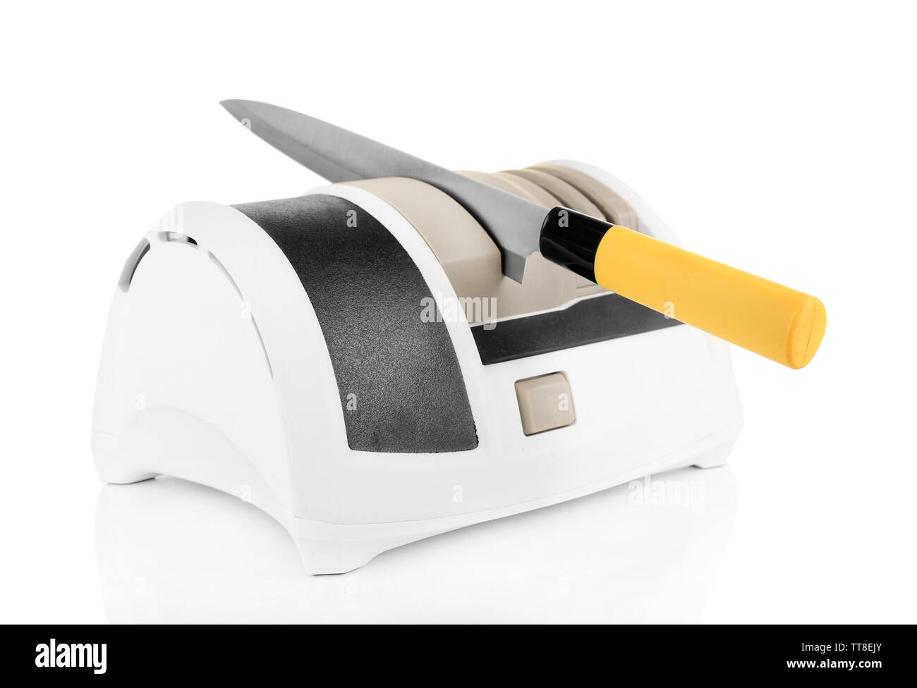 Knife with electric sharpener isolated on white Stock Photo