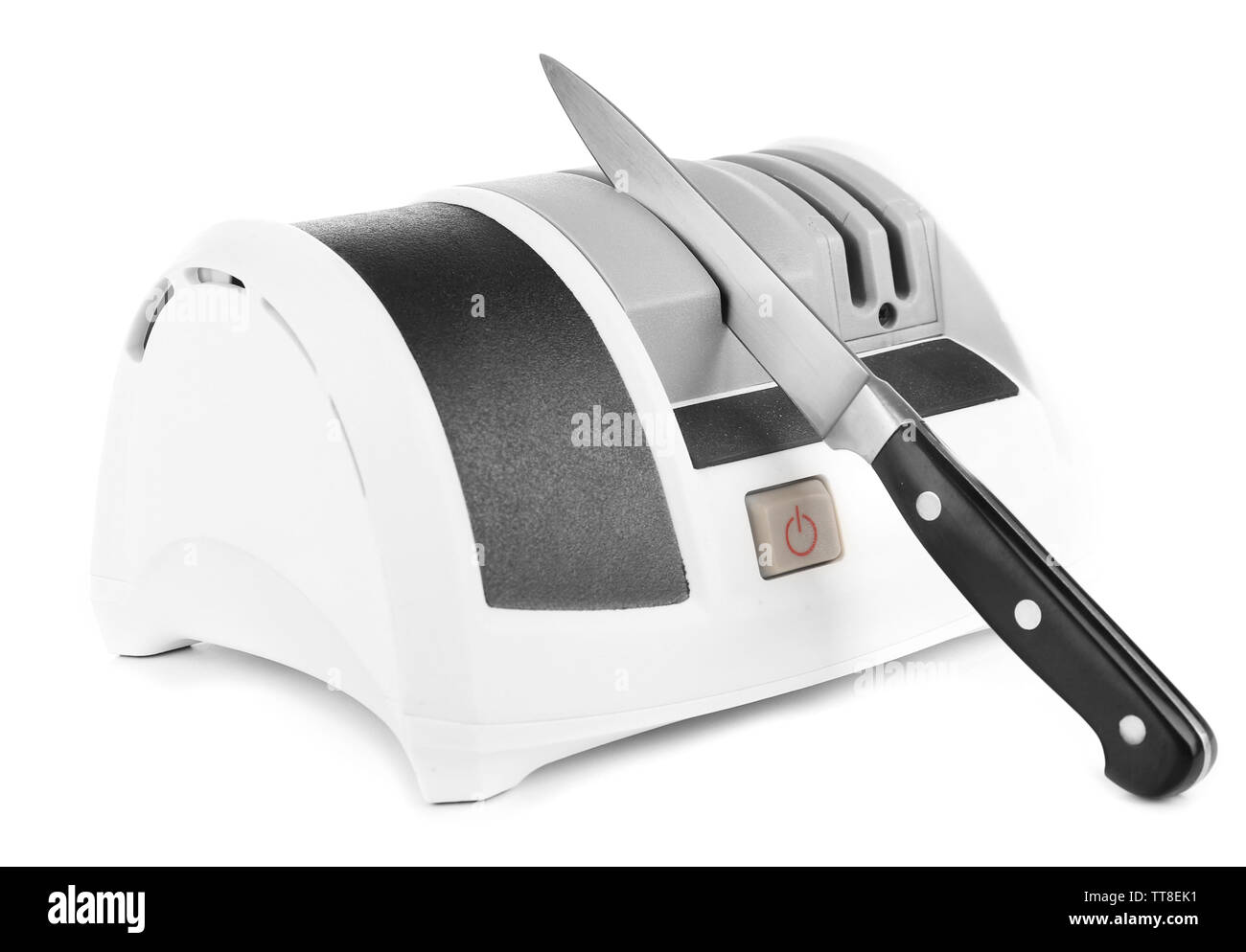 Knife with electric sharpener isolated on white Stock Photo