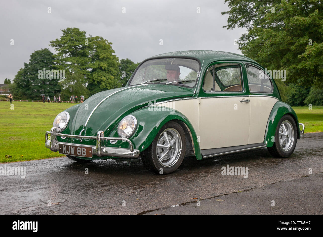 1971 70s green white old style VW Volkswagen 1500; Popular vintage VW, old vw style Volkswagen 1300 Beetle, classic collectible veteran super cars, classics at Leyland Summer festival. Stock Photo