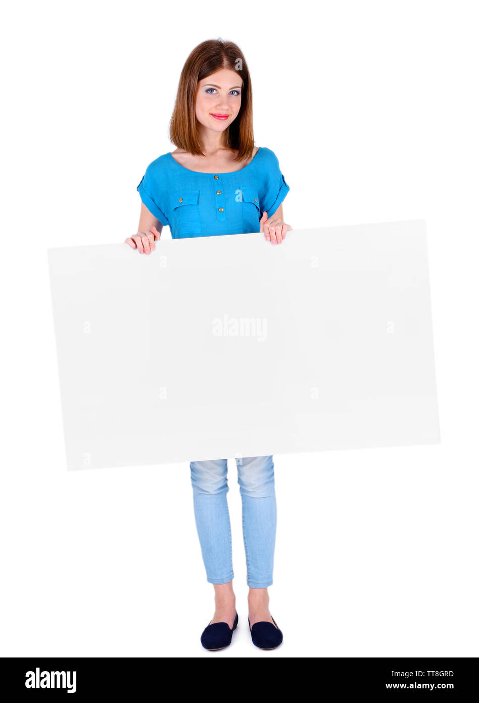 Beautiful young woman holding blank poster isolated on white Stock ...