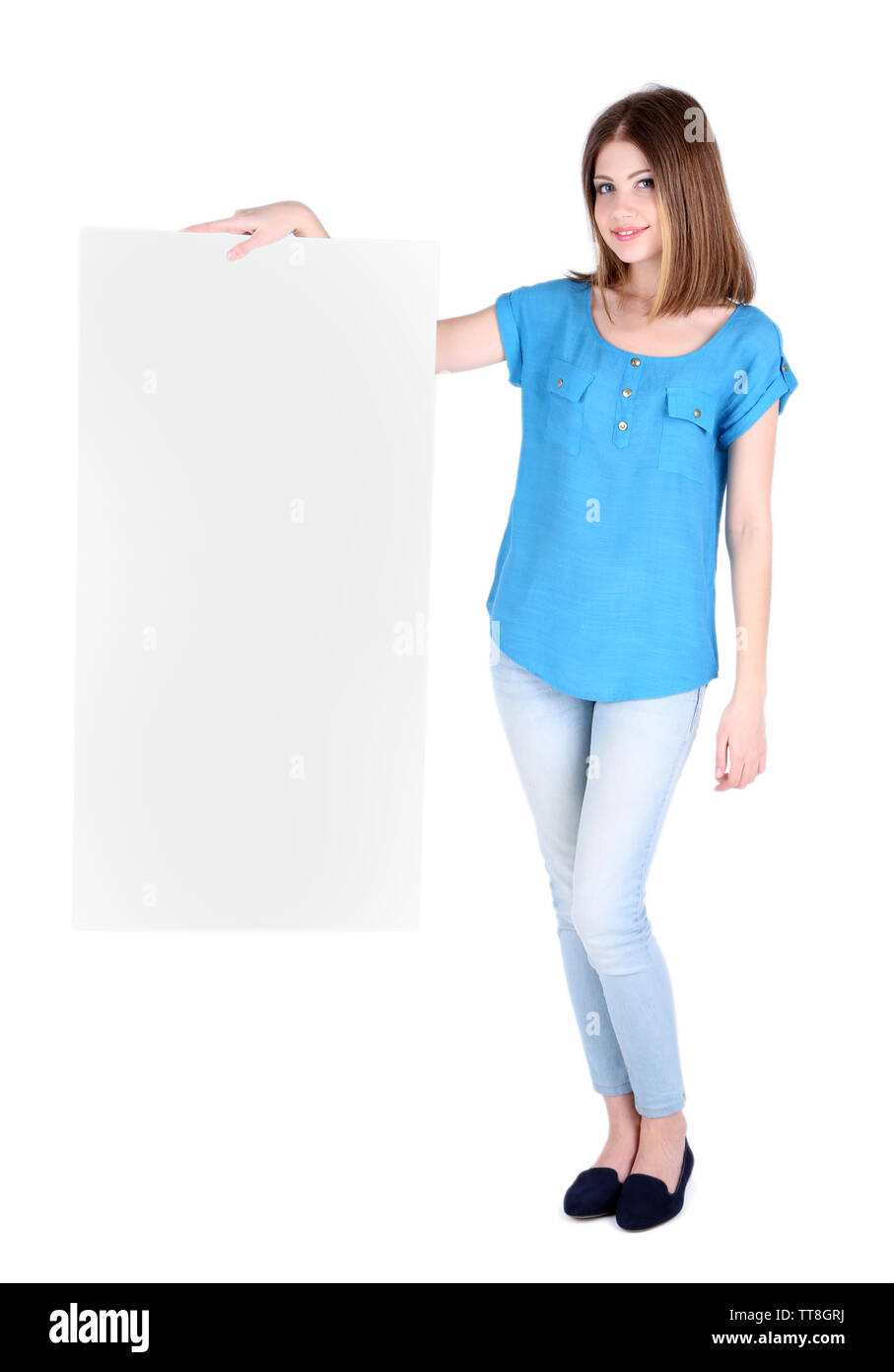 Beautiful young woman holding blank poster isolated on white Stock ...