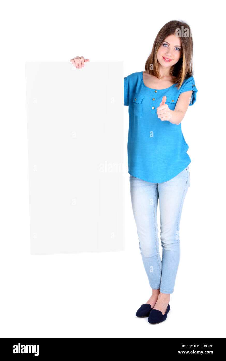 Beautiful young woman holding blank poster isolated on white Stock ...