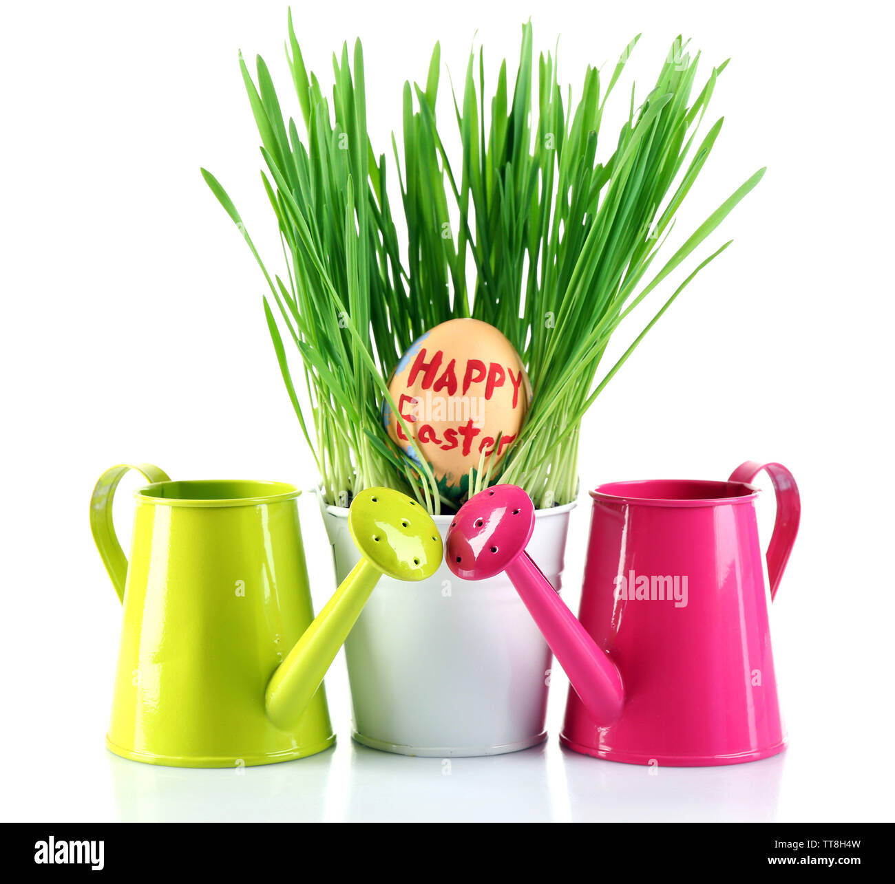 Fresh Green Grass In Small Metal Bucket And Decorative Watering Cans Isolated On White Stock Photo Alamy