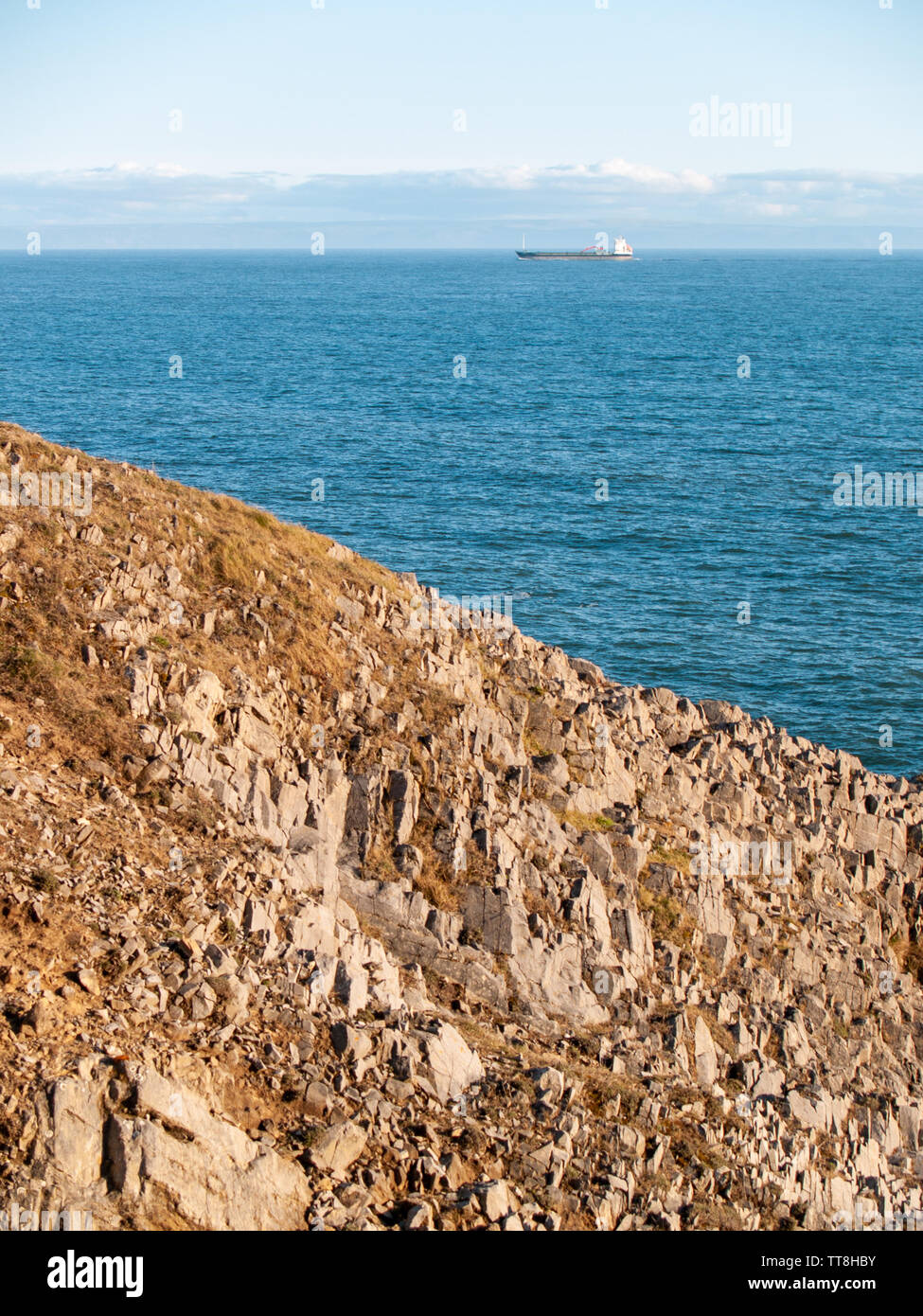 A ship on the horizon with the north coast of Devon visible behind it on the coastal path between Langland Bay and Caswell Bay on Gower, Wales, UK Stock Photo