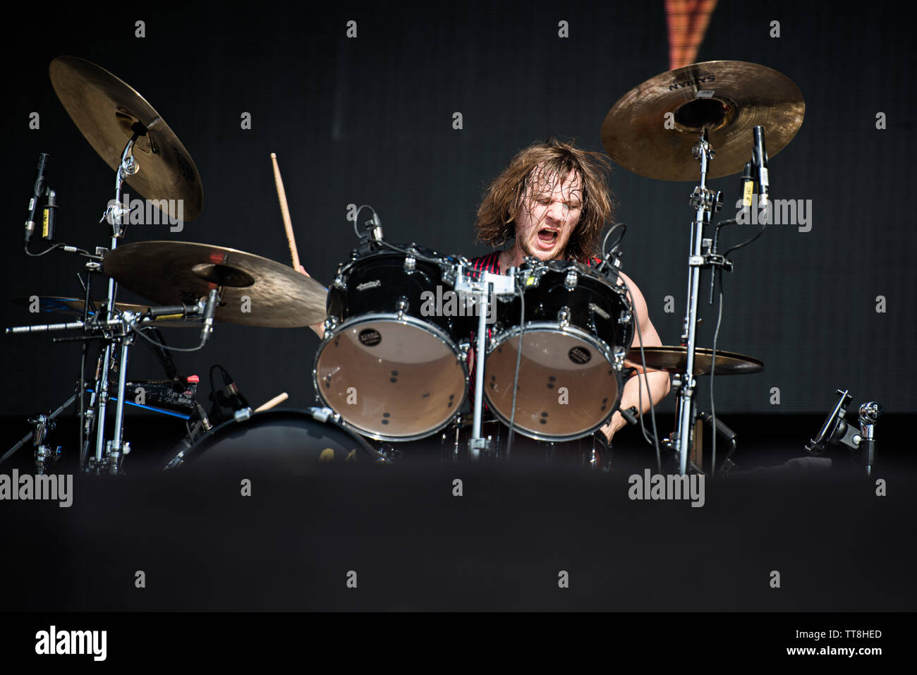 Gethin Davies, drummer of the english band The Struts, performing live on stage at the Firenze Rocks festival 2019 in Florence, Italy, opening for Edd Stock Photo