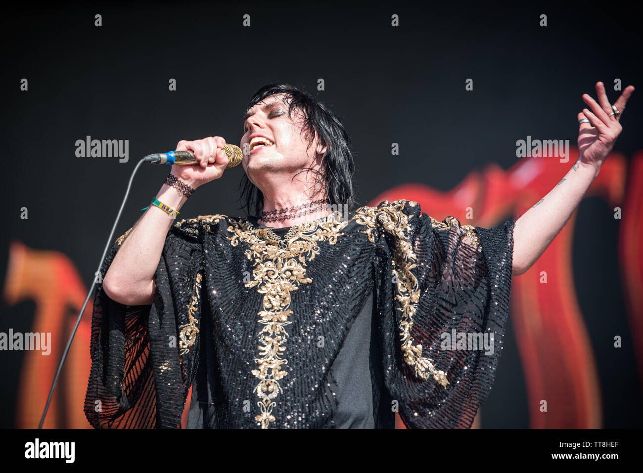 Luke Spiller, singer of the English band The Struts, performing live on stage at the Firenze Rocks festival 2019 in Florence, Italy, opening for Eddie Stock Photo