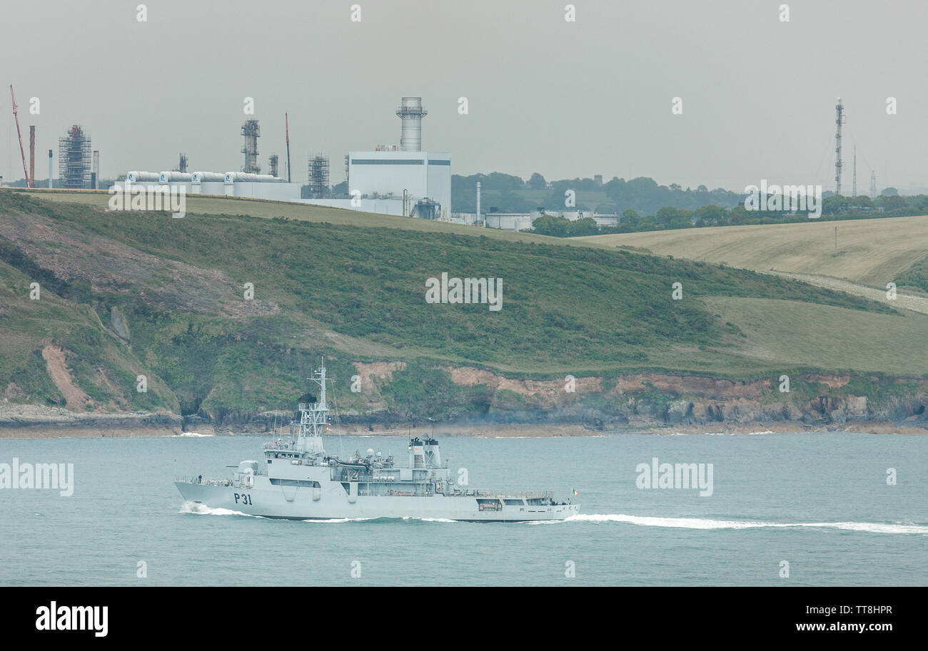 Crosshaven, Cork, Ireland. 14th June, 2019. Irish Naval Vessels, LÉ Eithne,passing the Oil Refinery at Whitegae while returning home after patrol to h Stock Photo