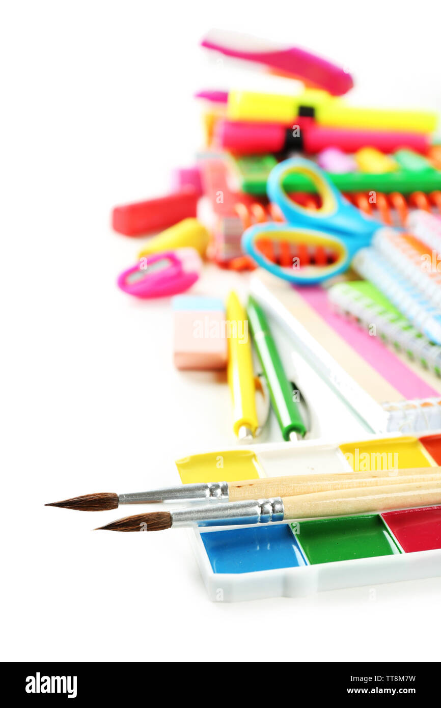 Bright school stationery, isolated on white Stock Photo - Alamy