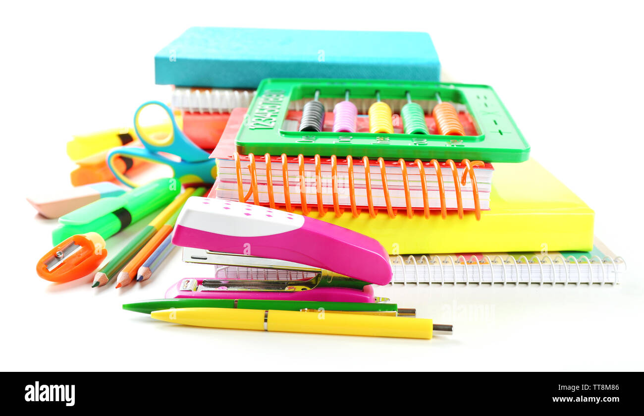Bright school stationery, isolated on white Stock Photo - Alamy