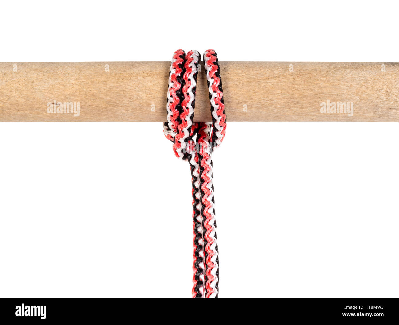 Towing Knot, tugboat hitch knot tied on synthetic rope cut out on white