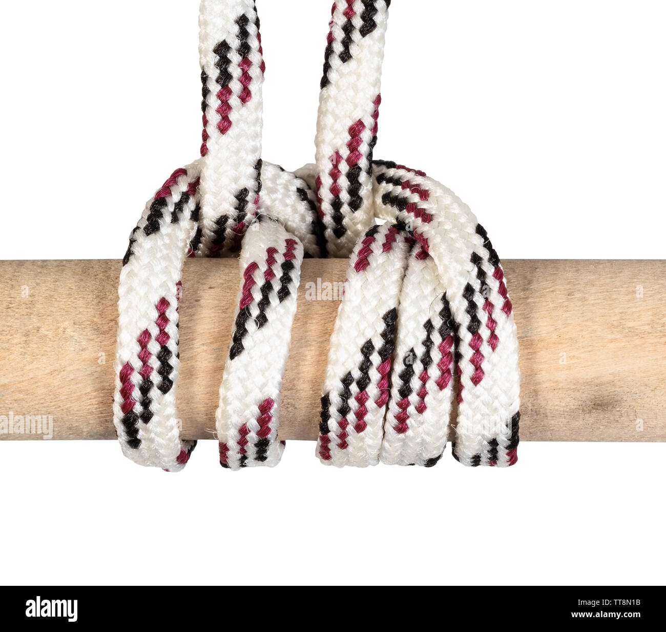 Camel Looped Rope Camel Hitch knot tied on synthetic rope cut out on white background ...