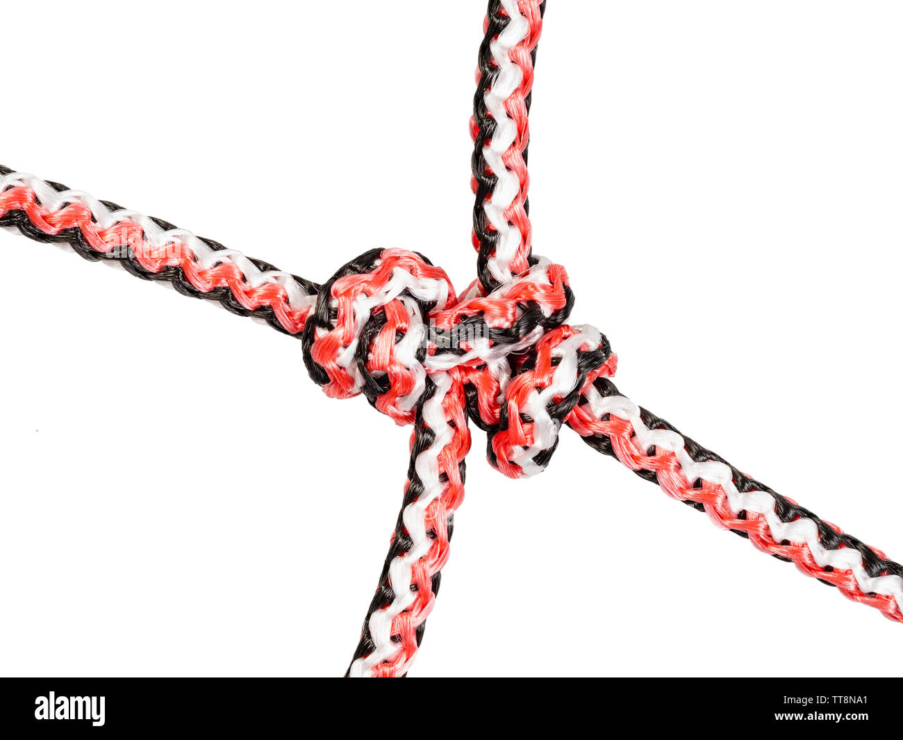 barrel knot (blood knot) close up tied on synthetic rope cut out on ...