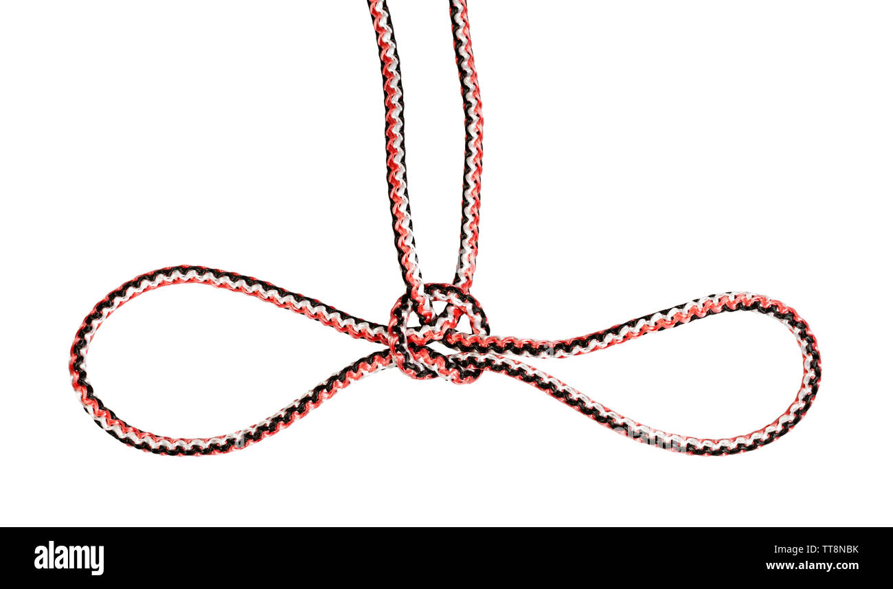 handcuff knot tied on synthetic rope cut out on white background Stock