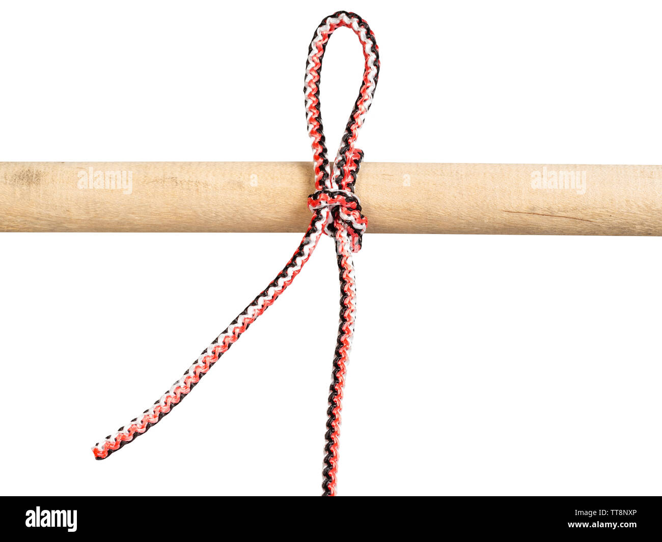 Singly slipped reef knot tied on synthetic rope cut out on white background Stock Photo