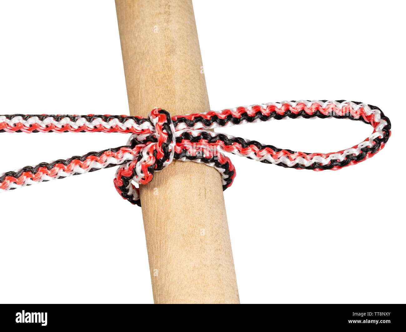 another side of Singly slipped reef knot tied on synthetic rope cut out on white background Stock Photo