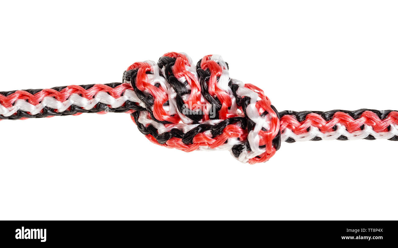 stevedore knot tied on synthetic rope cut out on white background Stock Photo