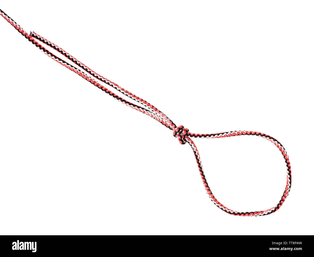 another side of strangle snare knot tied on synthetic rope cut out on white background Stock Photo