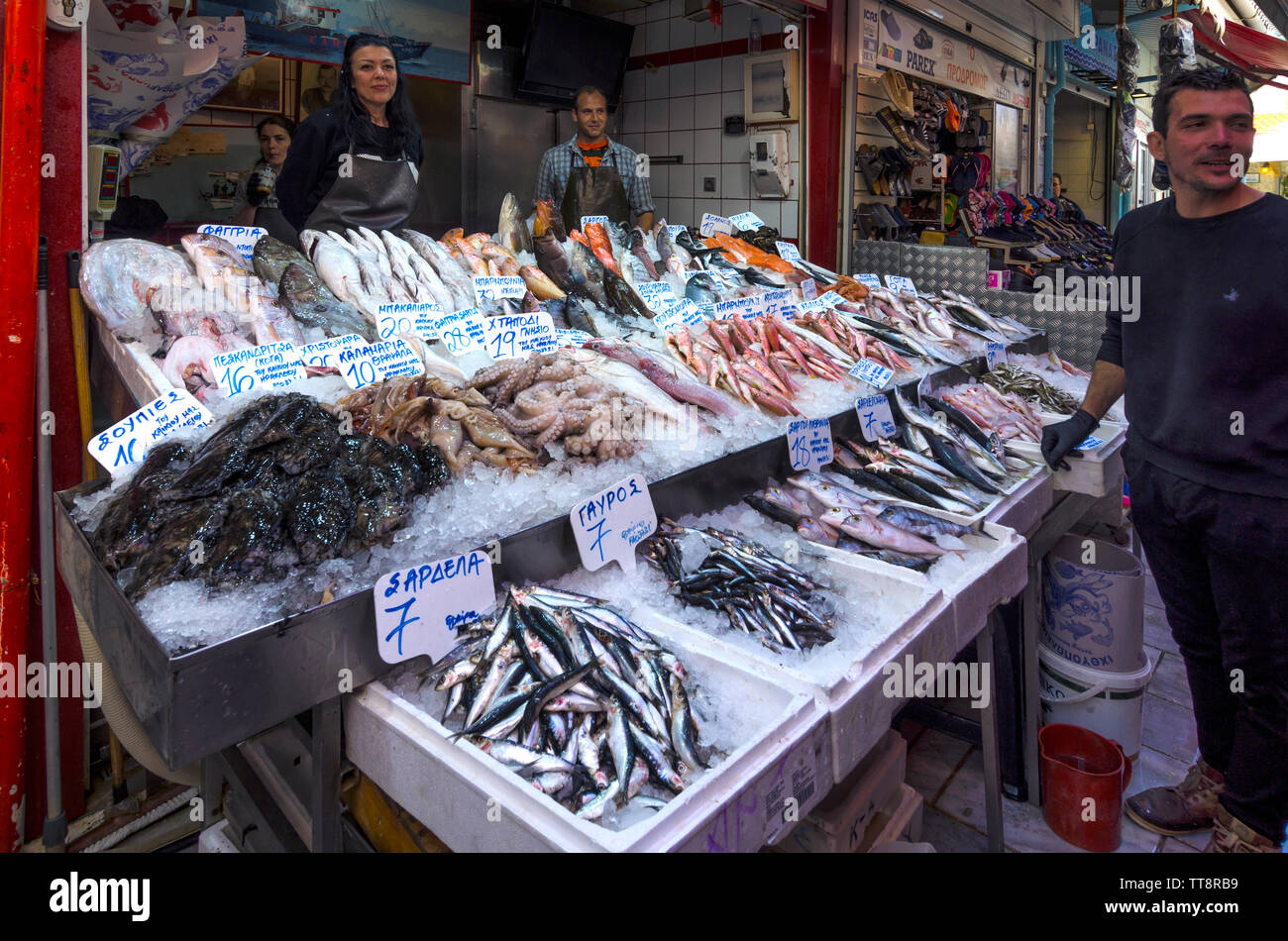 Heraklion, Crete Island / Greece. Fresh fishes on the counter at a fish