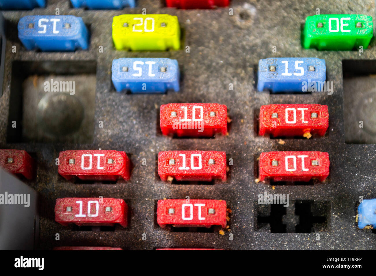 blade style automotive fuses in a fuse distribution box Stock Photo Alamy