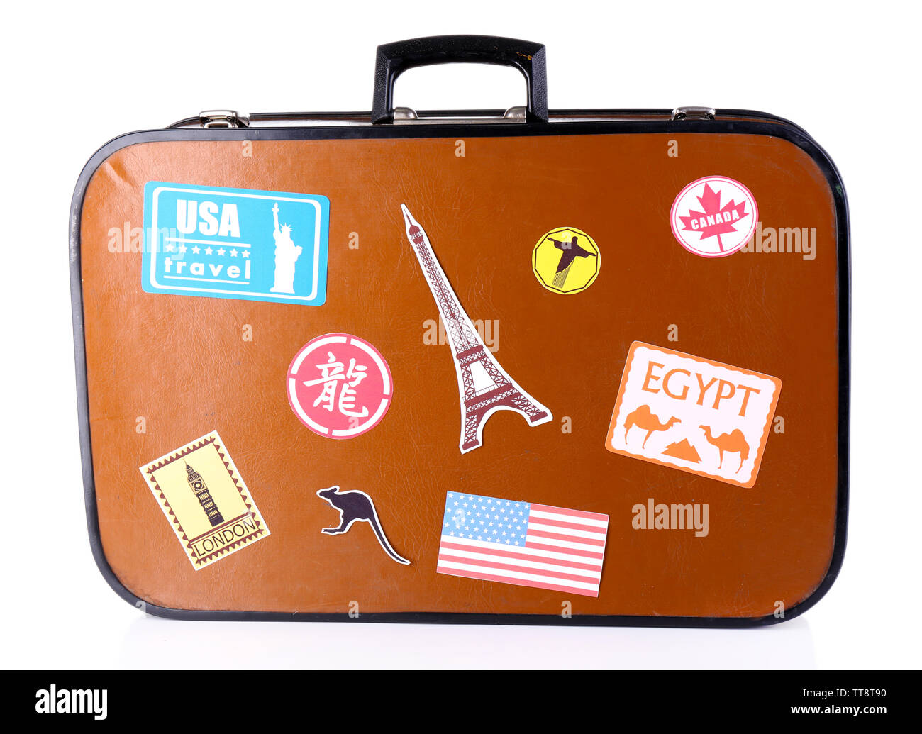 Suitcase with stickers isolated on white Stock Photo Alamy