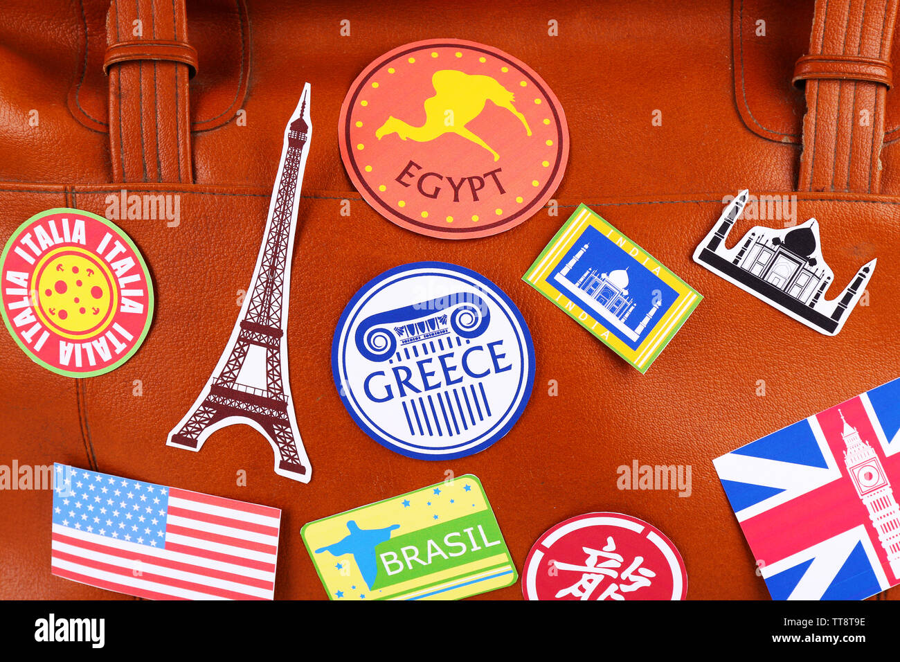 Suitcase with stickers, closeup Stock Photo Alamy