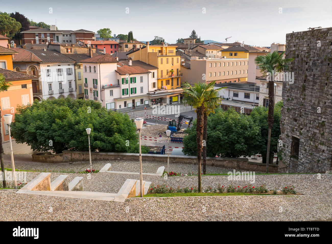 Urbanization works in the historic center of a Swiss city, Mendrisio Stock Photo
